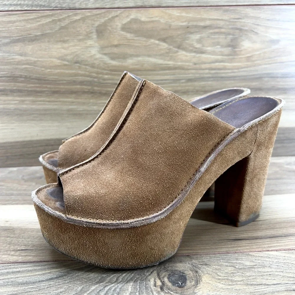 Michael Kors Collection 6.5 EU 36.5 Tan Suede Platform Chunky Peep Toe Heels